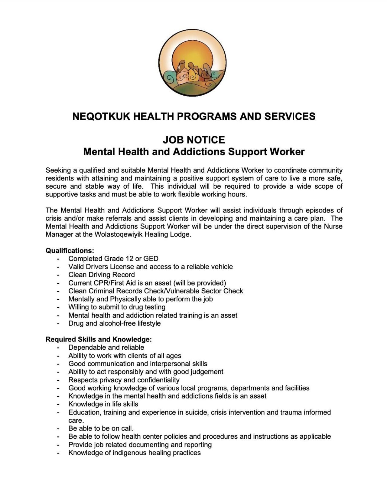 Job Opportunity Mental Health and Addictions Support Worker Tobique First Nation